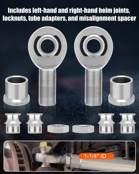 Two Pair One Point Twenty Five Inch Chromoly Steel Heim Joint Rod End Kit With Rh And Lh Threads tube adapters and locknuts.