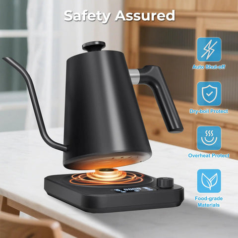 Gooseneck Electric Kettle With Precise Temperature Control Pro Grade 1L 1200W Fast Heating 24 Hour Keep Warm Auto Memory For 30 Minutes Food Grade Stainless Steel Pour Over Kettle For Coffee And Tea, black kettle on base