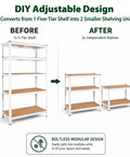DIY Adjustable Design Top Shelf Heavy Duty Storage Shelves convert 1 five-tier shelf into 2 smaller units with MDF boards.