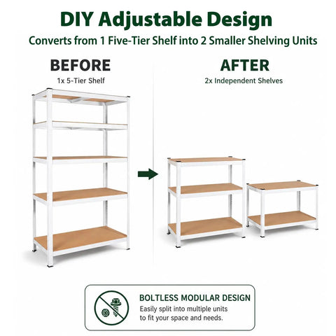 Heavy Duty 5 Tier Garage Storage Rack With Reinforced Mdf Boards And Sturdy Galvanized Steel Frame Built Tough As Nails For the Workshop Or Basement Moving Up To 1929 Pounds White Standard, adjustable design before and after.