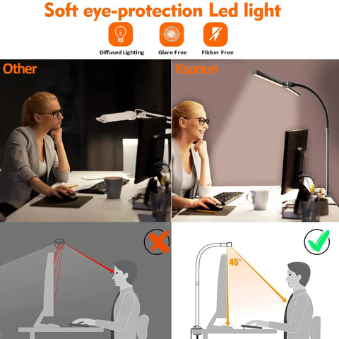 Comparison of soft eye-protection LED light with 31.5-inch reach and 5 dim levels for desk work.