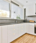 Modern kitchen with Two Pack Matte Gold Bifold Closet Door Knobs, Round Cabinet and Drawer Knobs for Wardrobe, Dresser, and Furniture