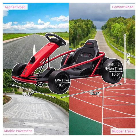 Heavy Duty Electric Go Kart For Kids 8 To 14, 24V Ride On Racing Toy with dual 300W motors, shown on various surfaces.