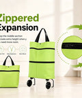 Slick Two In One Foldable Shopping Cart Featuring Smooth Rolling Wheels And Compact Collapsible Grocery Tote Plus Utility Hook For Hassle Free Supermarket Errands, showcasing zippered expansion feature.