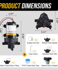 Dimensions and components of 12V RV Water Pump Diaphragm 4 GPM At 45 PSI Quiet Fresh Water Pump With Pressure Switch Self Priming