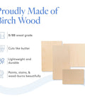 Baltic Birch Plywood Sheets 6 mm Thick 1/4 X 12 X 24 Inch Pack Of 6 B/BB Grade Craft Wood features and benefits displayed.