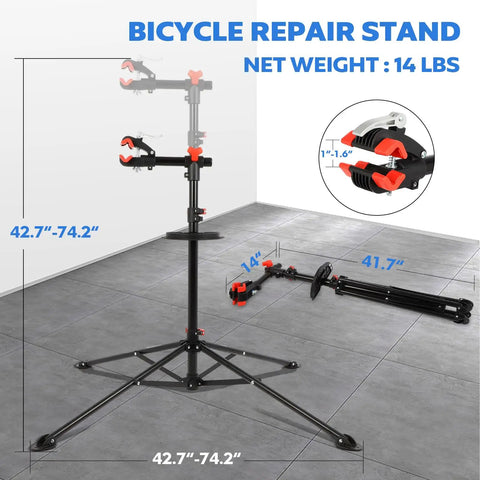 Floor Bike Repair Stand With Height Adjustable Arm And Tool Tray For Road And Mountain Bikes, Beefy 66 Lb Capacity, shown on floor
