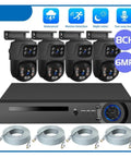 8ch POE Outdoor Security Camera Surveillance NVR Kit Featuring 6MP Dual Lens IP Cameras with four mounted cameras and NVR.