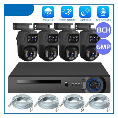 8CH POE Security Camera Surveillance NVR Kit With 6MP HD Dual Lens Outdoor IP Cameras featuring 4 weatherproof cameras and cables.