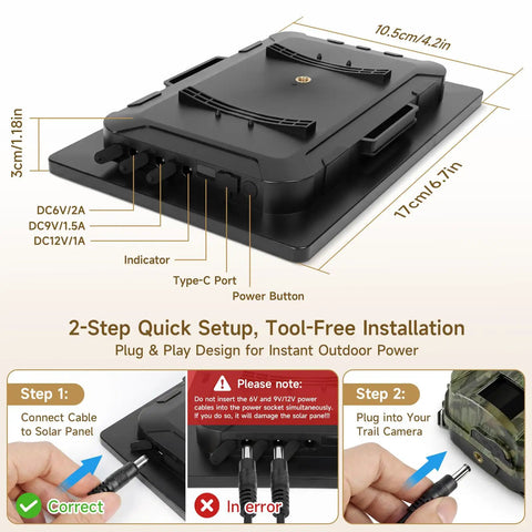 Detailed view of Tough 6W Solar Panel for Trail Cameras and Hunting Gear with power ports and installation instructions.