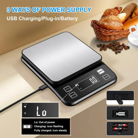 Waterproof Kitchen Scale IPX67 with 0.1g and 0.001oz precision, 22lb capacity, showing USB charging and LCD display.