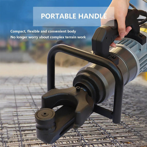 Electric Hydraulic Rebar Cutter And Bender 1800W With Tool Bag close view with portable handle on construction site.