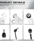 Close-up images of Jeep Cherokee front suspension kit, including control arms, ball joints, and tie rods, silver finish.
