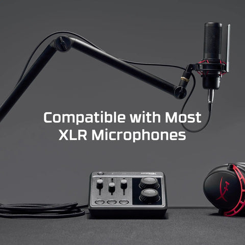 Pro Level Audio Mixer Interface with XLR microphone and headphones for streamers and creators, emphasizing easy controls and studio quality.