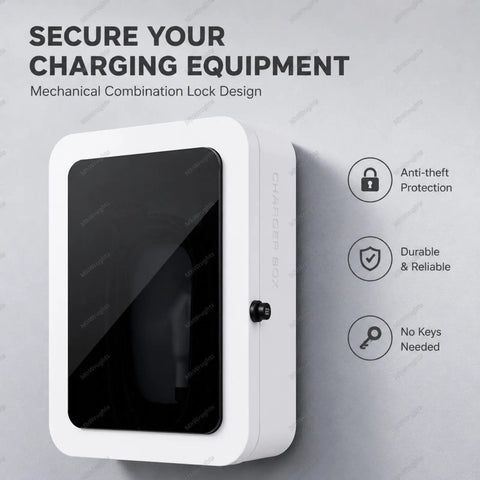 Tough As Nails Outdoor EV Charger Enclosure With Combination Lock And Weatherproof Visible Window for Tesla Charger Storage Security on Garage Driveway or Home Charging Station Setup Black Passcode with clear panel design.