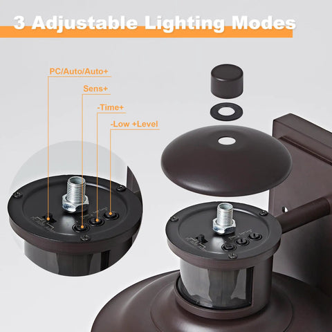 3 adjustable lighting modes of Heavy Duty Motion Sensor Outdoor Wall Lights Dusk To Dawn Porch Light Brown Waterproof Fixture.