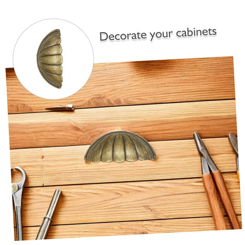 Vintage Shell Cabinet Pulls 4 Pack Antique Bronze Finish Straight Up Heavy Duty Cup Handles For Kitchen Drawers Bedroom Wardrobes Easy Grip Furniture Hardware on wooden surface.