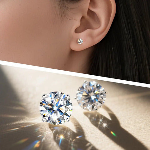Badass Lab Created Moissanite Stud Earrings With Blazing Fire Sparkle Hypoallergenic Titanium Screw Back Set Up For Heavy Daily Drip And Smooth Flex Real Talk, worn in ear, featuring a sparkling stone.