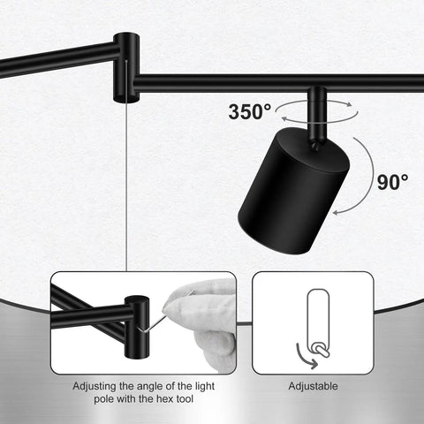 Adjustable head detail of Eight Light Matte Black LED Track Lighting System for Kitchen and Hallway showing rotation angles and hex tool use.
