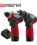 Heavy Duty Cordless Three Tool Combo Kit Featuring Power Drill Driver Snappy Impact Driver And Socket Ratchet With Two Swap Out Batteries For Weekend Warriors, showing red power drill and impact driver.