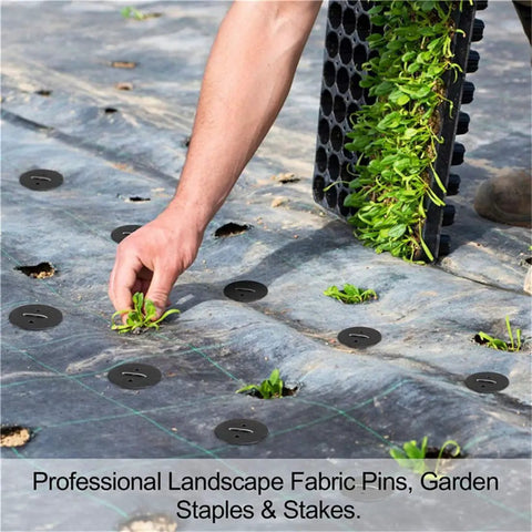 Person installing Heavy Duty Garden Stakes And Ground Anchors U Shape Steel Nails For Artificial Grass Sod Weed Membrane And Grass Fabric Netting 15 Pack Built To Last Rust Resistant And Bend Proof into landscape fabric