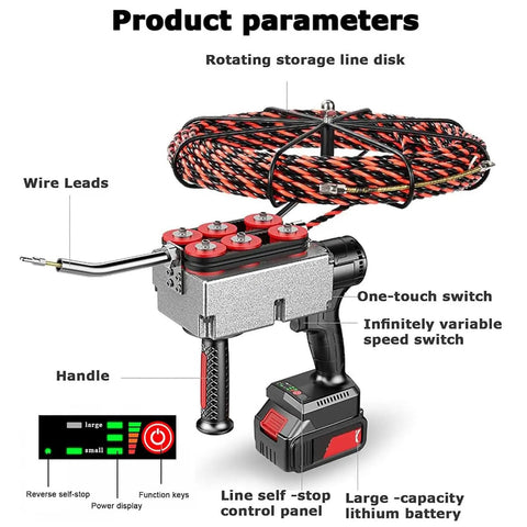 Heavy Duty Cordless Wall Wiring Machine Electric Fish Tape Tool With Extended Lead Cable Rechargeable Battery on display with wire leads and controls.