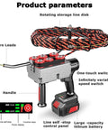 Low Stress Wall Wiring Cordless Automatic Fish Tape Feeder with control panel and storage line disk for easy wire pulling.