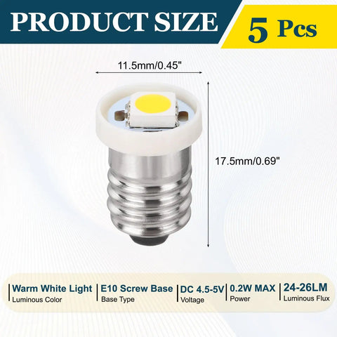 Hella Solid E10 Screw Base LED Bulbs, 5 Pack Mini White Glow Indicators For Flashlights And Car Dashboards, DC 8 To 9 Volt Power, Totally Knockout Small Size - showing size and specifications.