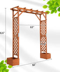 Wooden Garden Arbor With Planter Boxes And Wedding Arch For Outdoor Ceremony, trellis shown in golden brown fir wood, dimensions labeled