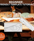 Starter Friendly Deluxe 46 Piece Wood Carving Kit with 4 templates shown on a workspace table, featuring carved animal figures.