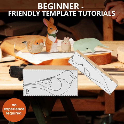 Starter Friendly Deluxe 46 Piece Wood Carving Kit with 4 templates shown on a workspace table, featuring carved animal figures.