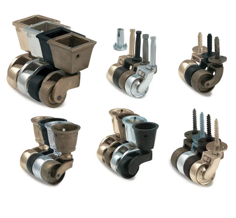 Premium Antique Brass Threaded Furniture Casters Built Rock Solid With Smooth As Butter Rolling One Inch Wheels, various angles.