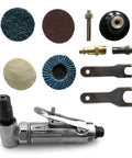 Pro Grade Pneumatic Angled Grinder Kit With Rubber Sanding Discs And 80 Grit Pads featuring various discs and steel components.
