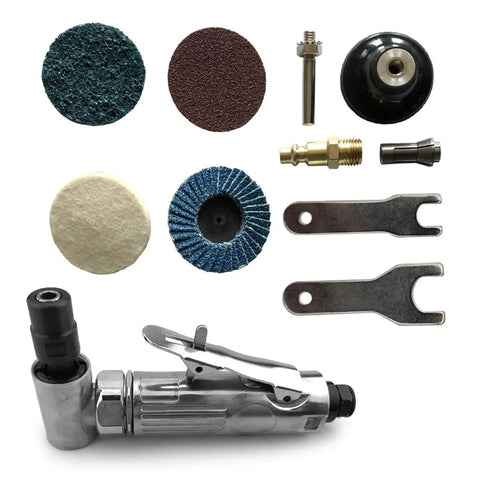High Rpm Pneumatic Angled Grinder Tool Set With Swappable Collets Lightweight One Hand Design accessories and collets laid out.