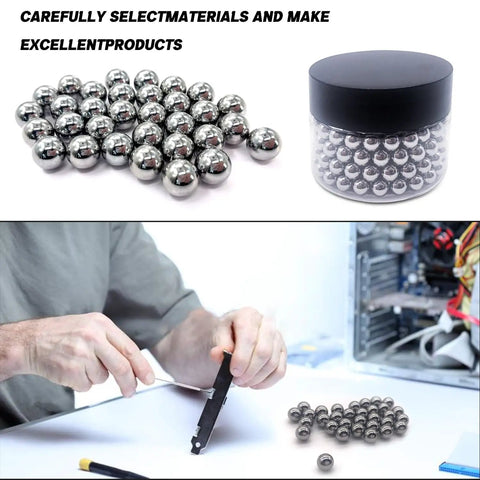 Top Notch Solid Steel Bearing Balls Quarter Inch 6.35mm G25 Precision Rounds, packed in a clear jar for hot rod mods.