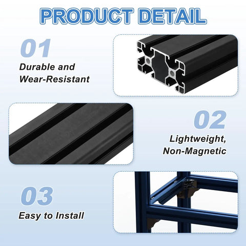 Product detail of Heavy Duty T Slot 4080 Aluminum Extrusion Profile 600mm Anodized Black showing advantages and features.