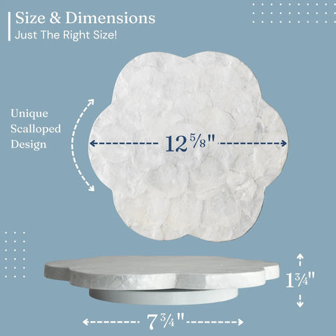 Genuine White Capiz Shell Rotating Lazy Susan Serving Tray for Dining Tables, 12.5 inch round scalloped design.