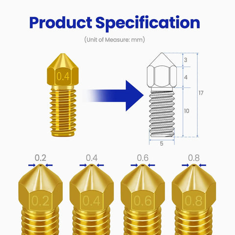 Top Tier Brass Nozzle Replacement Kit For AnkerMake M5 And M5C 3D Printers showing dimensions and 0.2 to 0.8mm nozzles.