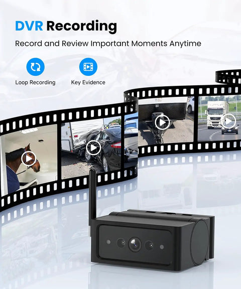 Slick Magnetic Solar Powered Wireless Backup Camera showing DVR recording features and playback options.