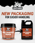 Liquid Rubber multipurpose primer new packaging with 1-gallon bucket and jug for concrete and wood applications.