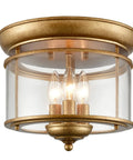 Rustic Gold 3-Light Flush Mount Ceiling Light With Clear Glass Shade, Antiqued Brass Finish, Vintage Style Fixture For Hallway Bedroom Kitchen Bathroom, Easy Install, Retro Vibe