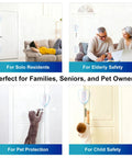 2-Pack Heavy-Duty Door Security Lock and Childproof Reinforcement Latch Hella Tough with 800 Lbs Force Rating for Kick-Proof Entry Protection Includes Hardware for Easy Install in White, shown securing doors for families and pets.