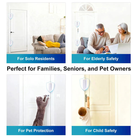 2-Pack Heavy-Duty Door Security Lock and Childproof Reinforcement Latch Hella Tough with 800 Lbs Force Rating for Kick-Proof Entry Protection Includes Hardware for Easy Install in White, shown securing doors for families and pets.