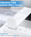 Hella Fast 118W USB C Fast Charger For MacBook Pro And Air with Type-C port plugged into wall outlet powering a laptop.