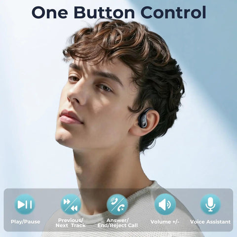 Person wearing Game-Changing Active Noise Cancelling Earbuds With 90 Hours Playback, wireless Bluetooth headphones, matte black.