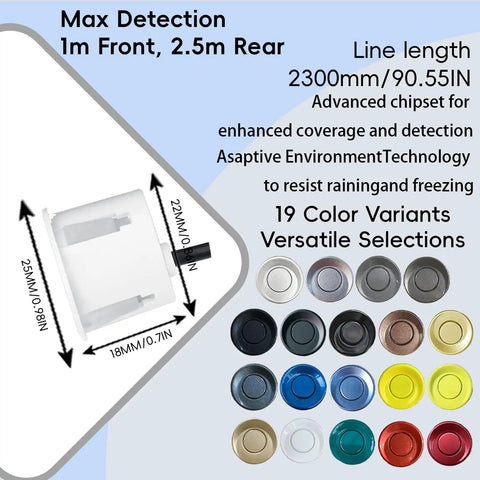 Forward and Reverse Parking Sensor System With Inches Distance Option, probe and color variants, detailed measurements