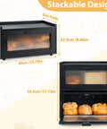 Stackable Pine Wood Bread Box For Kitchen Countertop With Magnetic Acrylic Door Large Black Keeps Bread Fresh For Days And Soft Old School Vibe For Sourdough Pastries And Snacks Vintage Style Storage Organizer, shown from front and side with dimensions.