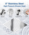 Diagram of 8 inch stainless steel high pressure shower head showing features like ball joint and nozzle anti-blocking