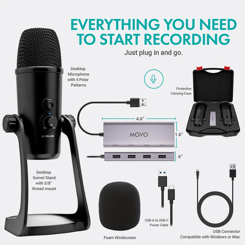 Level Up Your Streams With This Sick Two Person Podcast Bundle Packed With Dual Plug And Play Condenser Mics Four Port Usb Hub And Tough Shield Case For Live Recording Sessions with microphone and USB hub.