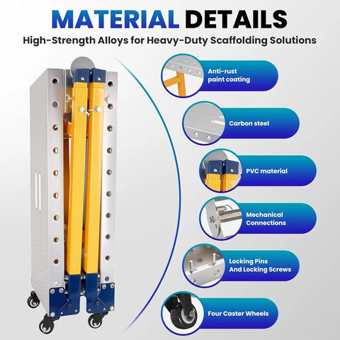 Material details of Heavy Duty Portable Welding Table Rock Solid Shop Workstation showcasing carbon steel and caster wheels.
